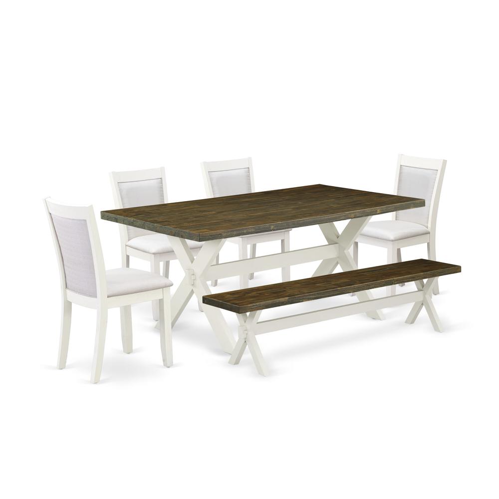 East West Furniture 6-Pc Kitchen Table Set Contains a Dining Table - 4 Cream Linen Fabric Dining Chairs with Stylish Back and a Small Bench - Wire Brushed Linen White Finish. Picture 1