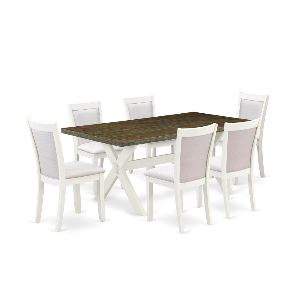 East West Furniture 7-Pc Dining Room Set Contains a Kitchen Table and 6 Cream Linen Fabric Parson Chairs with Stylish Back - Wire Brushed Linen White Finish. Picture 1