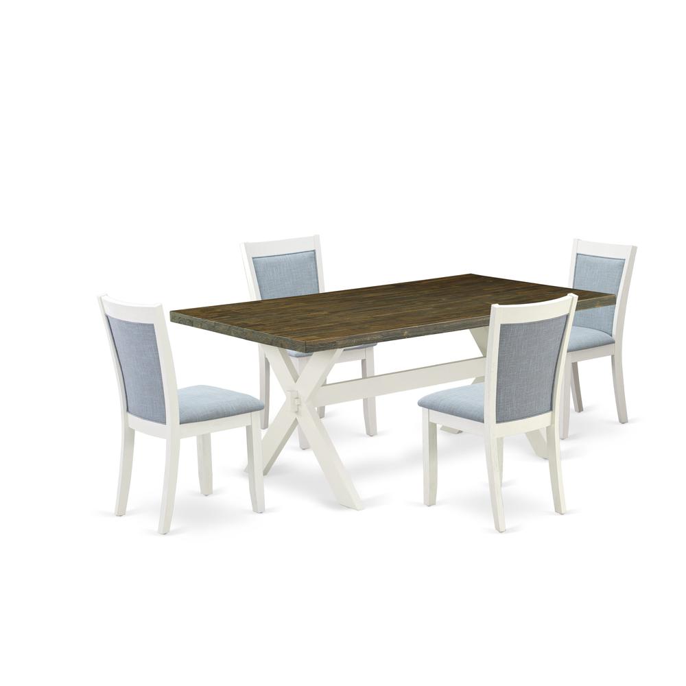 East West Furniture 5-Pc Dining Set Contains a Dining Table and 4 Baby Blue Linen Fabric Parson Chairs with Stylish Back - Wire Brushed Linen White Finish. Picture 1