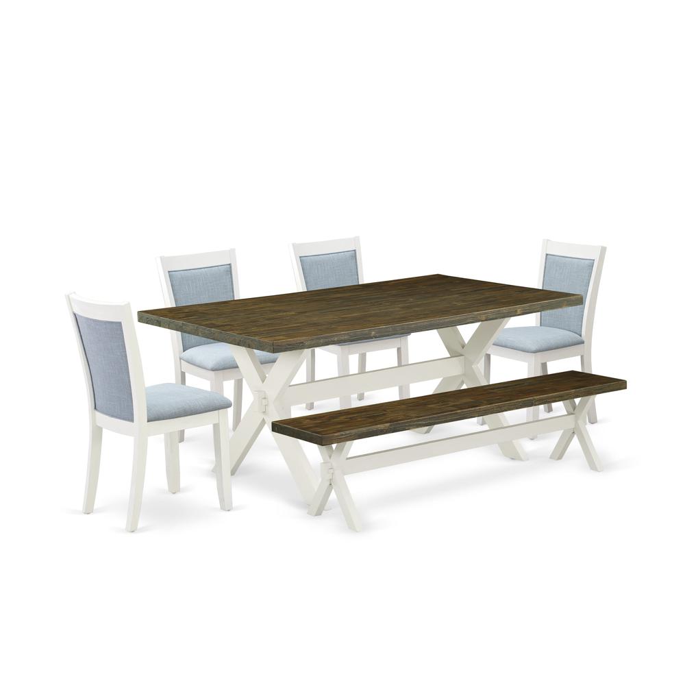 East West Furniture 6-Pc Dining Set Contains a Dining Room Table - 4 Baby Blue Linen Fabric Dining Chairs with Stylish Back and a Small Dining Bench - Wire Brushed Linen White Finish. Picture 1