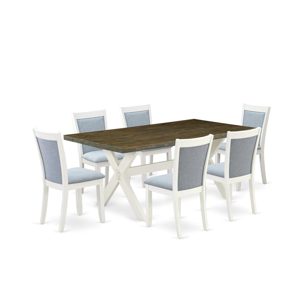 East West Furniture 7-Pc Modern Dining Table Set Contains a Mid Century Dining Table and 6 Baby Blue Linen Fabric Parson Chairs with Stylish Back - Wire Brushed Linen White Finish. Picture 1