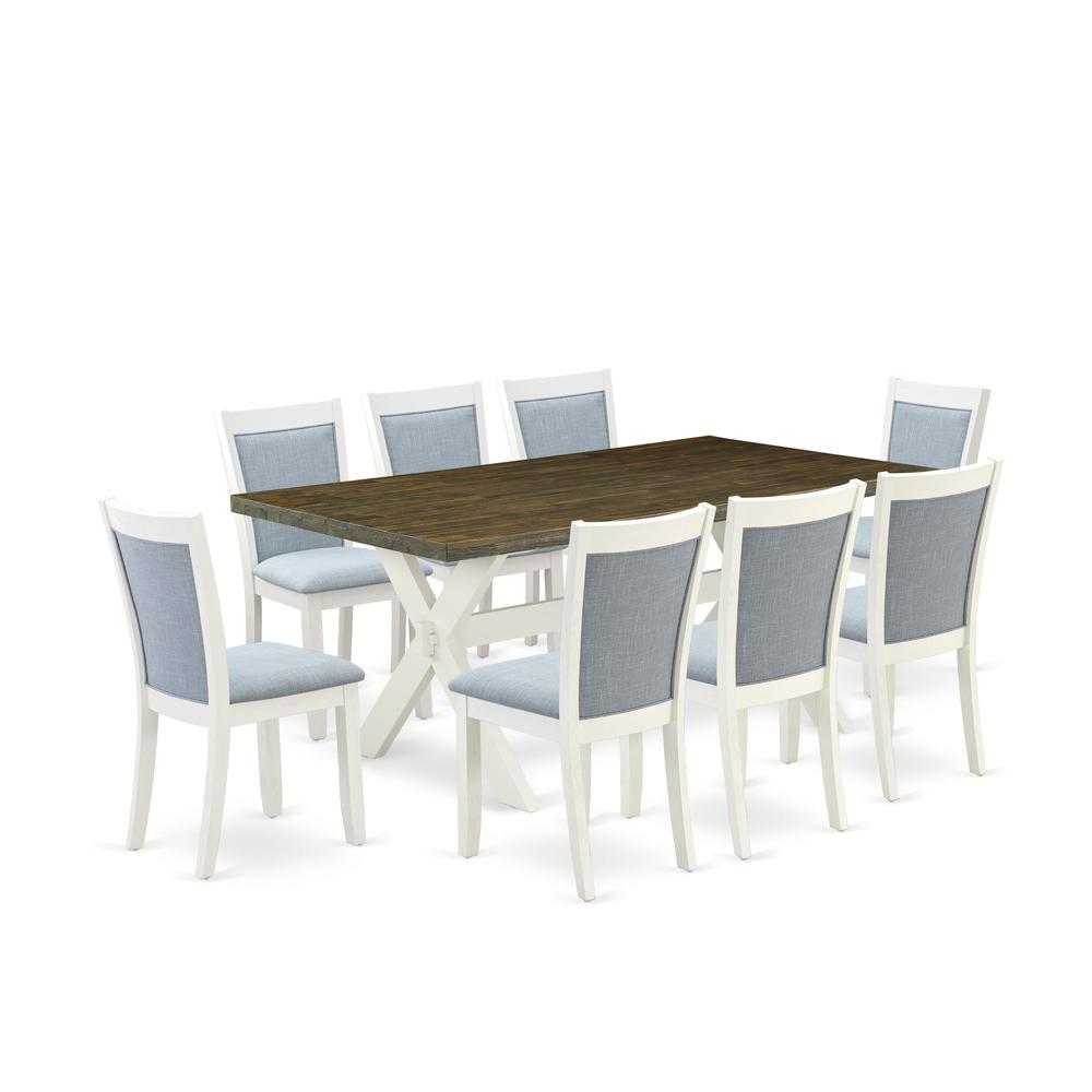 East West Furniture 9-Pc Table Set Contains a Wooden Table and 8 Baby Blue Linen Fabric Dining Room Chairs with Stylish Back - Wire Brushed Linen White Finish. Picture 1