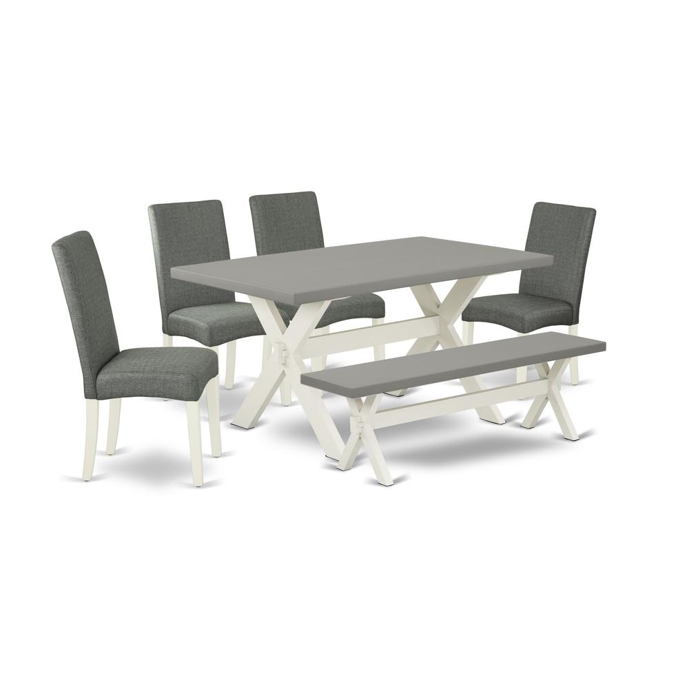 East West Furniture X096DR207-6 6-Pc Dining Set - 4 Kitchen Chairs, a Wooden Bench Cement Top and 1 Modern Rectangular Cement Dining Room Table Top with High Chair Back - Linen White Finish. Picture 1