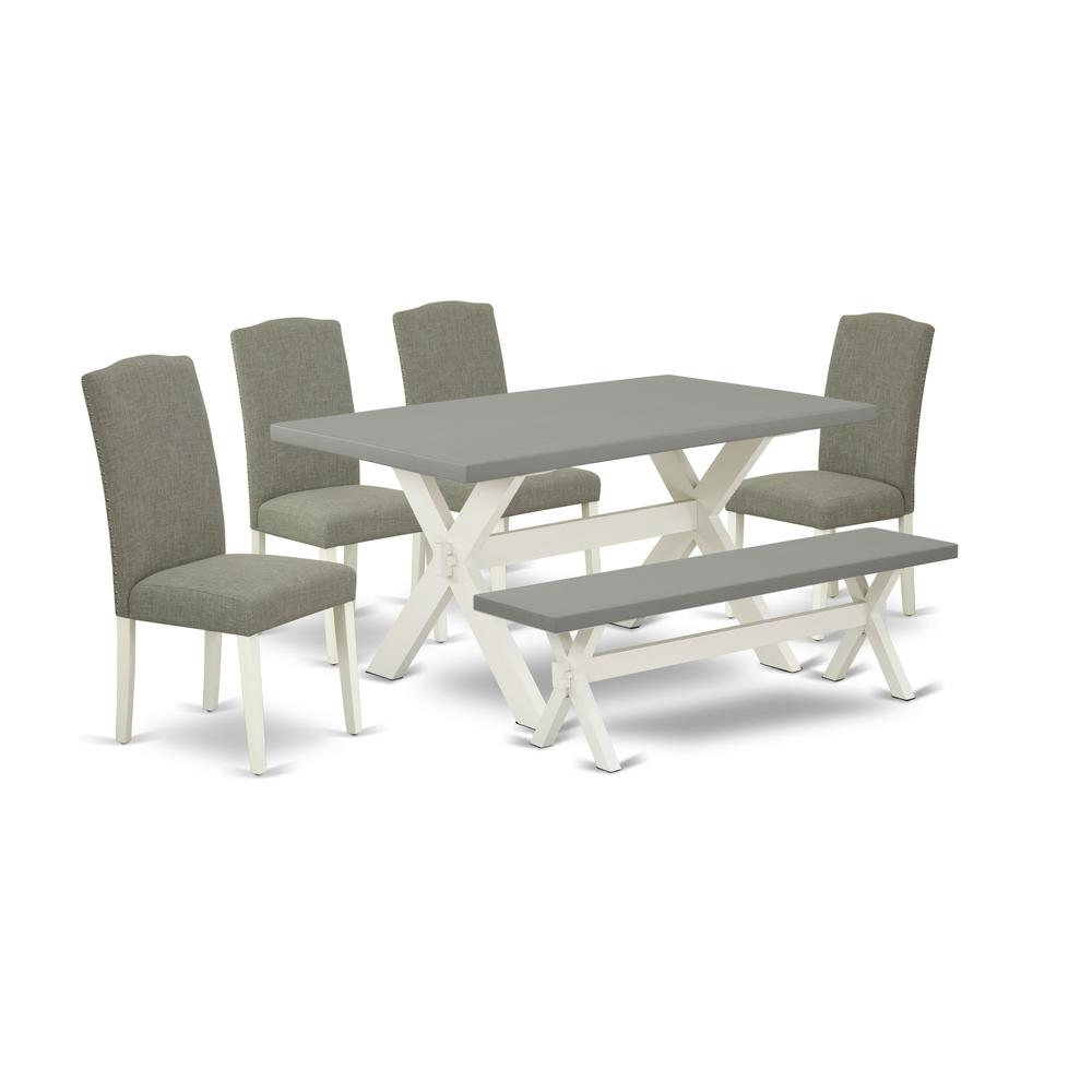 East West Furniture 6-Piece Stylish Rectangular Dining Room Table Set a Superb Cement Color Kitchen Table Top and Cement Color Dining Bench - 4 Wonderful Padded Chairs Around Nail Heads and Stylish Ch. Picture 1