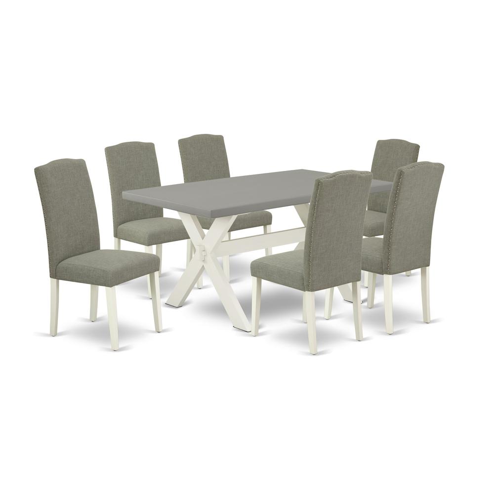 East West Furniture 7-Piece Stylish a Good Cement Color rectangular Table Top and 6 Excellent Linen Fabric Parson Dining Room Chairs with Nail Heads and Stylish Chair Back, Linen White Finish. Picture 1