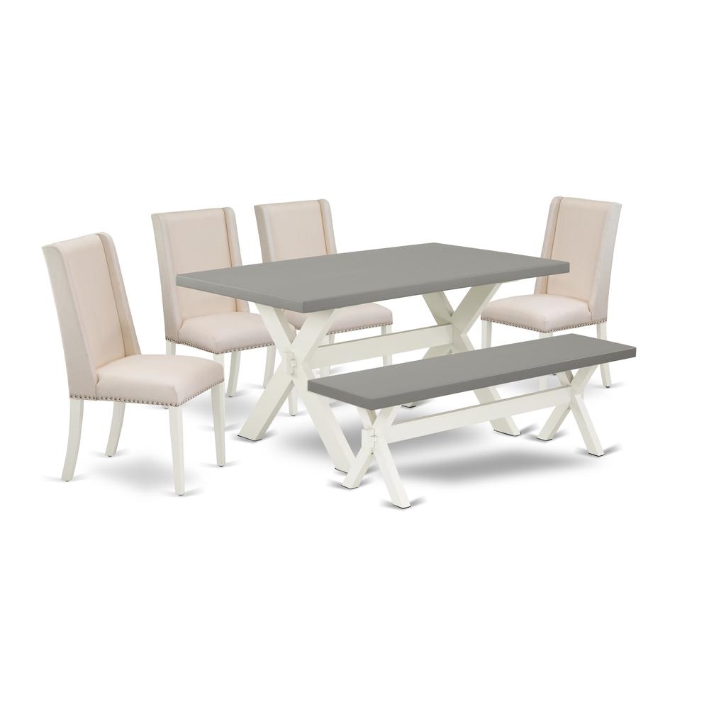 East West Furniture X096FL201-6 6-Piece Awesome Rectangular Dining Room Table Set with Premium Quality Cement Color Wood Table Top and Cement Color Small Bench and 4 Beautiful Parson Dining Room Chair. Picture 1
