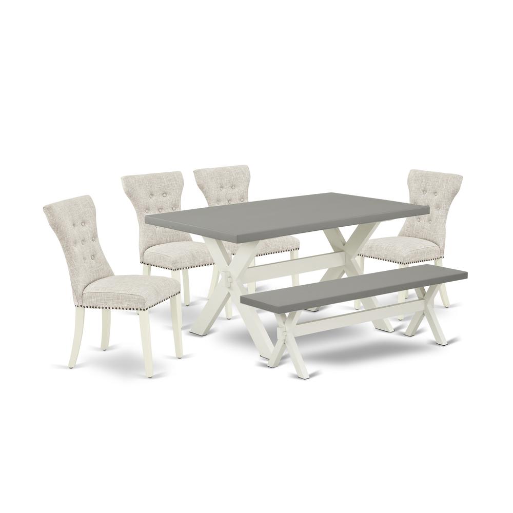 East West Furniture 6-Piece Kitchen Dining Room Set- 4 Parson Chairs with Doeskin Linen Fabric Seat and Button Tufted Chair Back - Rectangular Top & Wooden Cross Legs Mid Century Dining Table and Wood. Picture 1