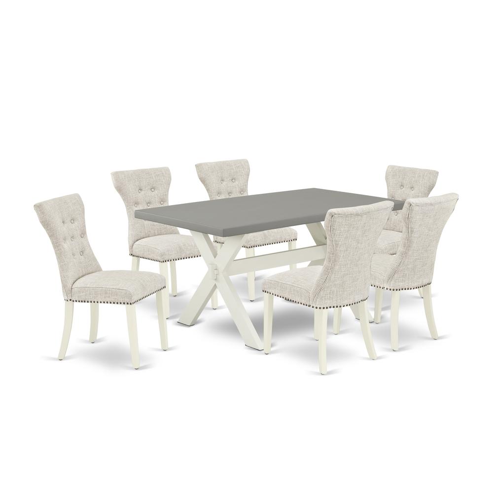 East West Furniture 7-Pc Dining Room Table Set- 6 Parson Dining Room Chairs with Doeskin Linen Fabric Seat and Button Tufted Chair Back - Rectangular Table Top & Wooden Cross Legs - Cement and Linen W. Picture 1