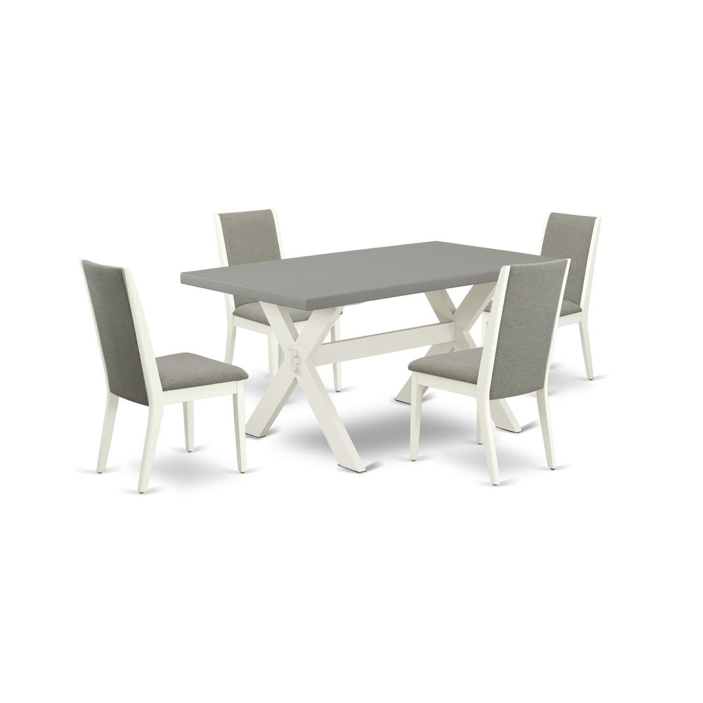 East West Furniture X096LA206-5 5-Piece Amazing Dining Room Table Set a Great Cement Color Wood Table Top and 4 Lovely Linen Fabric Dining Chairs with Stylish Chair Back, Linen White Finish. Picture 1