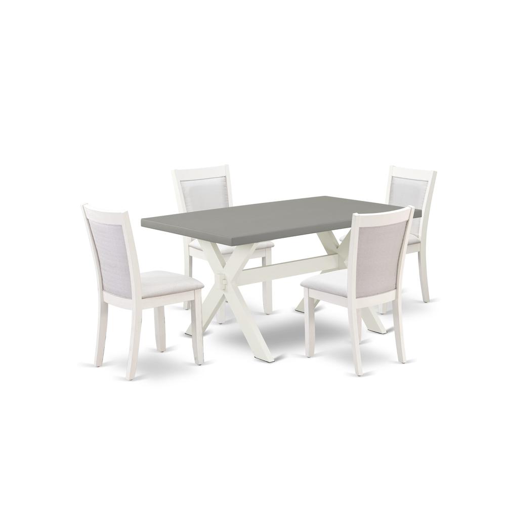 East West Furniture 5-Piece Modern Dining Table Set Includes a Mid Century Dining Table and 4 Cream Linen Fabric Dinning Room Chairs with Stylish Back - Wire Brushed Linen White Finish. Picture 1