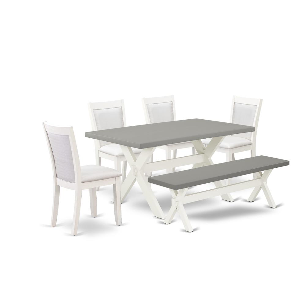 East West Furniture 6-Piece Modern Dining Table Set Includes a Kitchen Table - 4 Cream Linen Fabric Dining Chairs with Stylish Back and a Dining Bench - Wire Brushed Linen White Finish. Picture 1