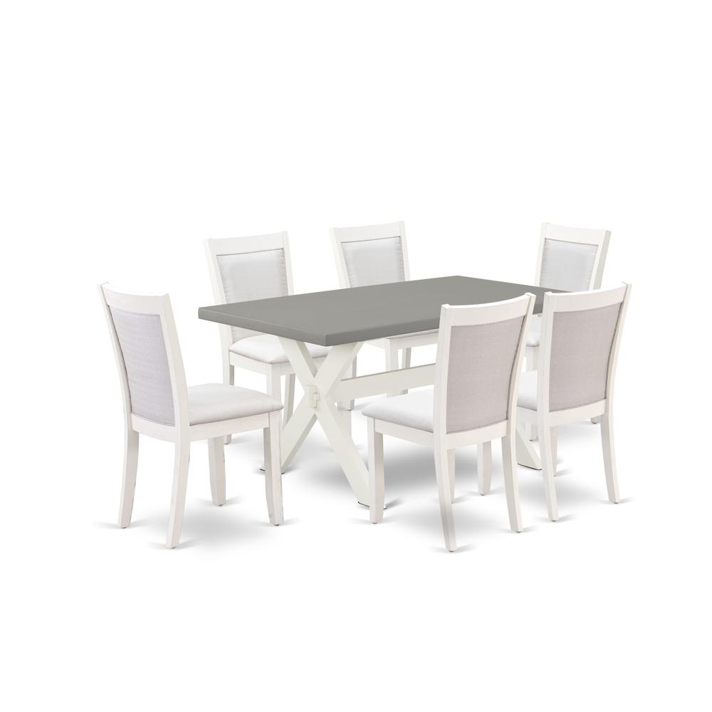 East West Furniture 7-Piece Table Set Includes a Wooden Kitchen Table and 6 Cream Linen Fabric Modern Dining Chairs with Stylish Back - Wire Brushed Linen White Finish. Picture 1