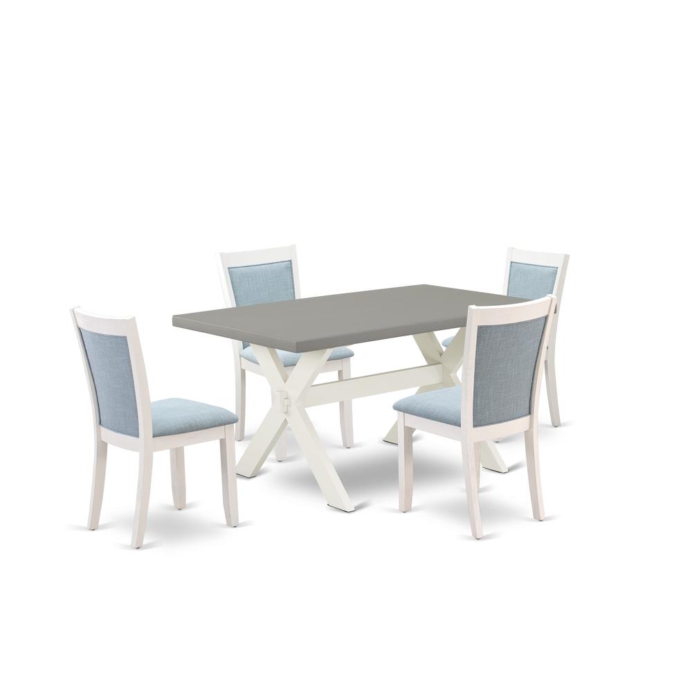 East West Furniture 5-Piece Kitchen Table Set Includes a Wooden Table and 4 Baby Blue Linen Fabric Dining Room Chairs with Stylish Back - Wire Brushed Linen White Finish. Picture 1