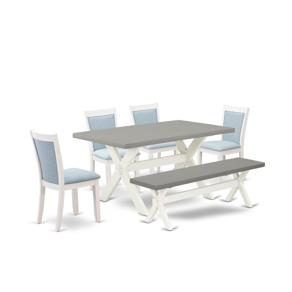 East West Furniture 6-Piece Kitchen Table Set Includes a Dinner Table - 4 Baby Blue Linen Fabric Parson Chairs with Stylish Back and a Dining Bench - Wire Brushed Linen White Finish. Picture 1