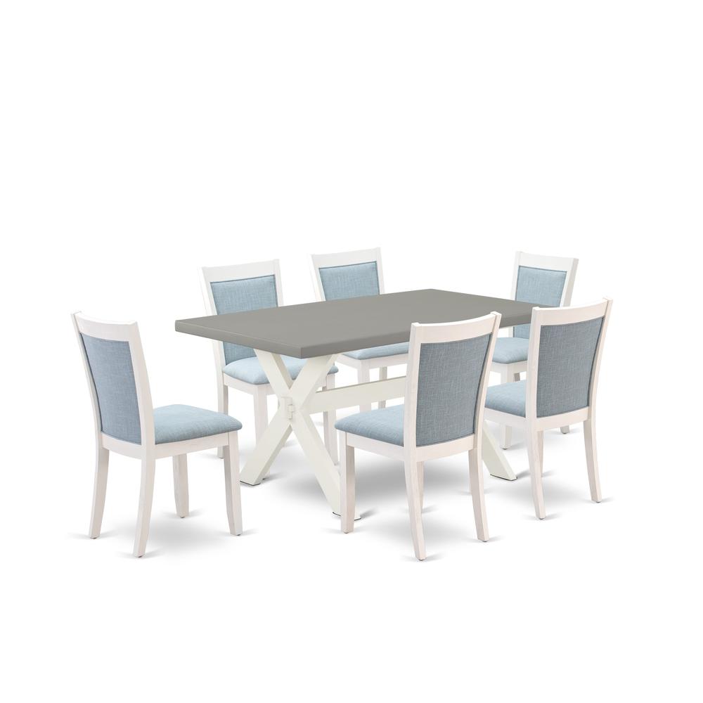 East West Furniture 7-Piece Dining Room Set Includes a Wooden Table and 6 Baby Blue Linen Fabric Upholstered Dining Chairs with Stylish Back - Wire Brushed Linen White Finish. Picture 1