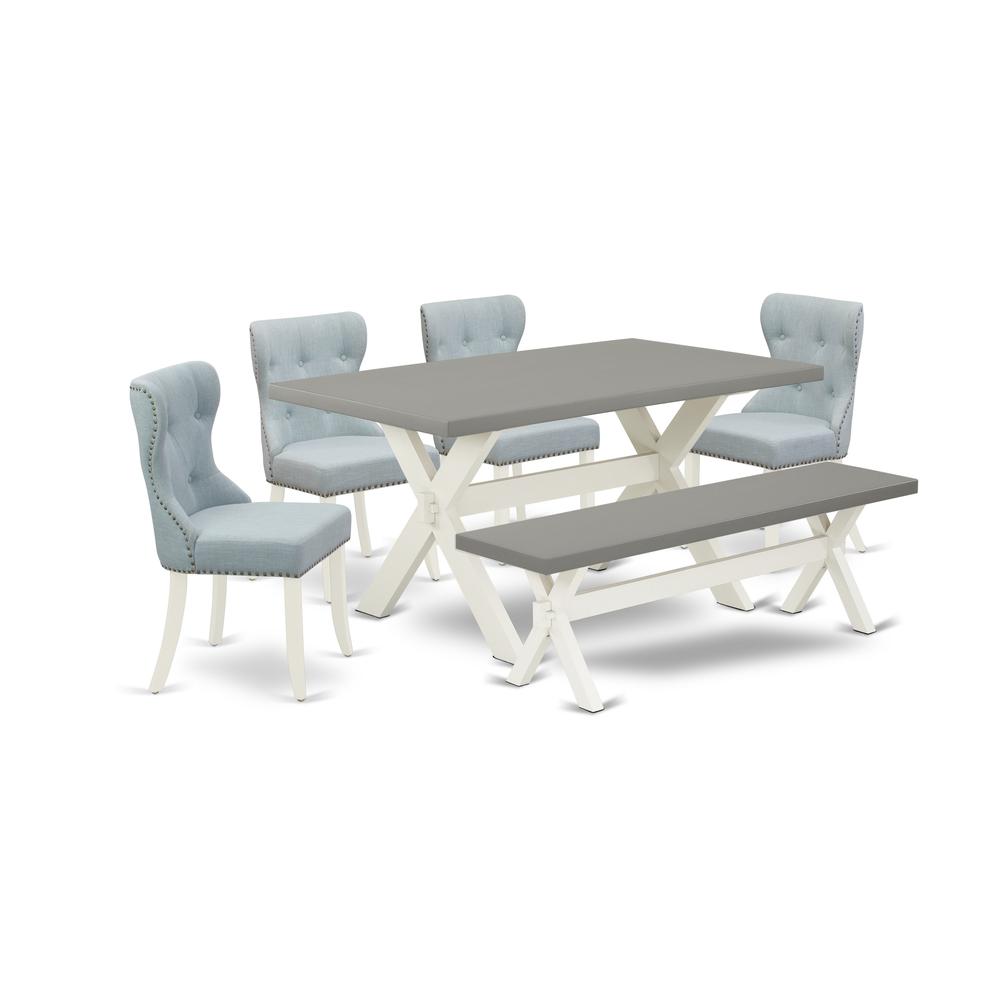 East West Furniture X096SI215-6 6-Piece Dining Room Table Set- 4 Dining Padded Chairs with Baby Blue Linen Fabric Seat and Button Tufted Chair Back - Rectangular Top & Wooden Cross Legs Kitchen Dining. Picture 1