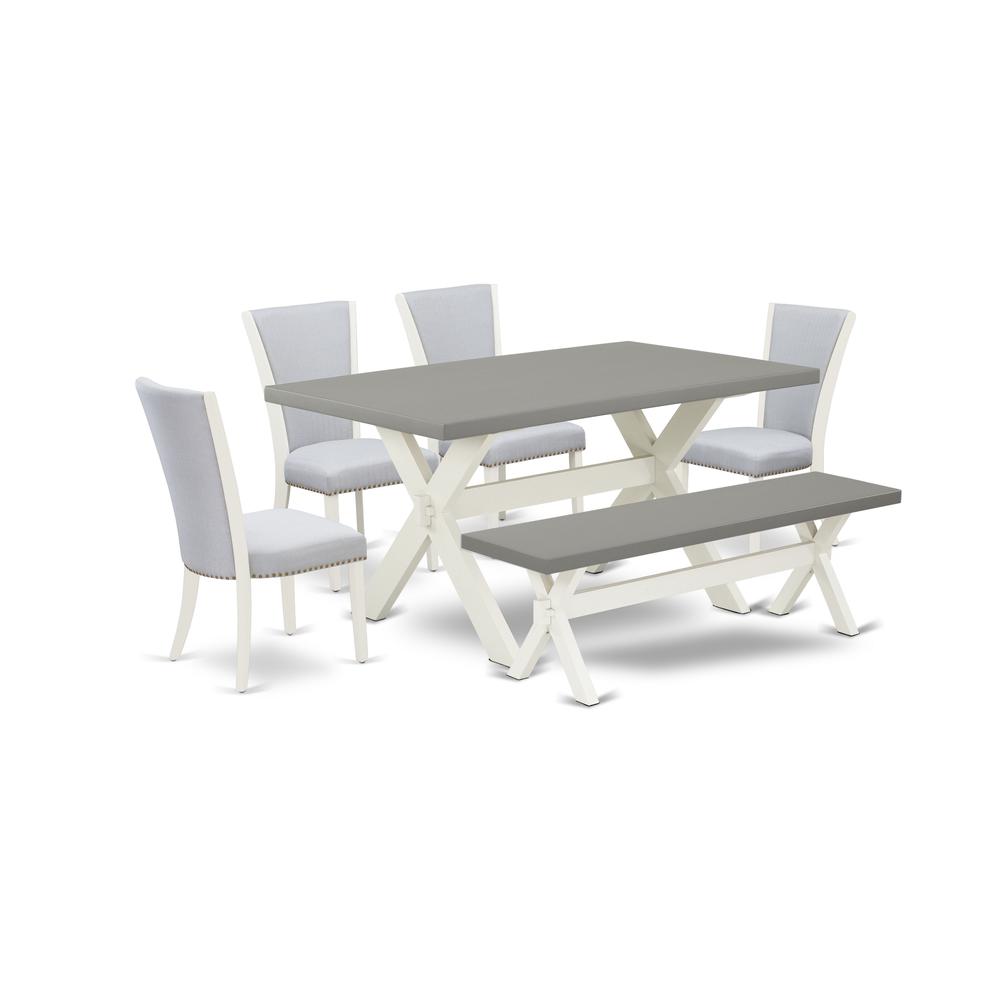 East West Furniture X096VE005-6 6 Piece Dining Table Set - 4 Grey Linen Fabric Dining Room Chair with Nailheads and Cement Kitchen Table - 1 Small Bench - Wire Brushed Linen White Finish. Picture 1