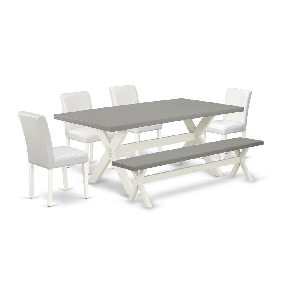 East West Furniture X097AB264-6 6-Piece Stylish Modern Dining Table Set of High Quality Cement Color Wood Dining Table Top and Cement Color Wood Bench and 4 Amazing Pu Leather Padded Parson Chairs wit. Picture 1