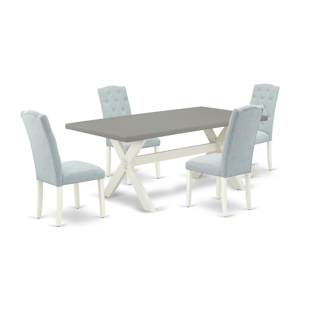 East West Furniture 5-Pc Dining Table Set- 4 Parson Chairs with Baby Blue Linen Fabric Seat and Button Tufted Chair Back - Rectangular Table Top & Wooden Cross Legs - Cement and Linen White Finish. Picture 1