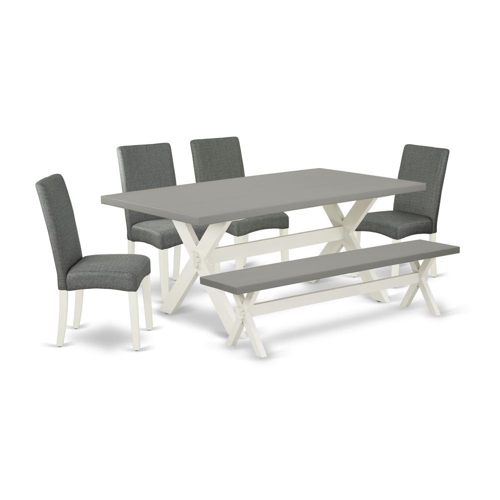 East West Furniture X097DR207-6 6-Pc Dinette Set - 4 Kitchen Parson Chairs, a Dining Table Bench Cement Top and 1 Modern Cement Dining Table Top with High Chair Back - Linen White Finish. Picture 1