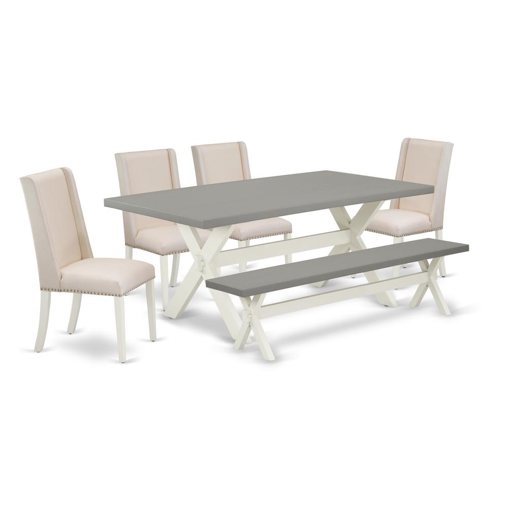 East West Furniture X097FL201-6 6-Piece Amazing Dining Table Set a Premium Quality Cement Color rectangular Table Top and Cement Color Small Bench and 4 Beautiful Linen Fabric Parson Chairs with Nail. Picture 1