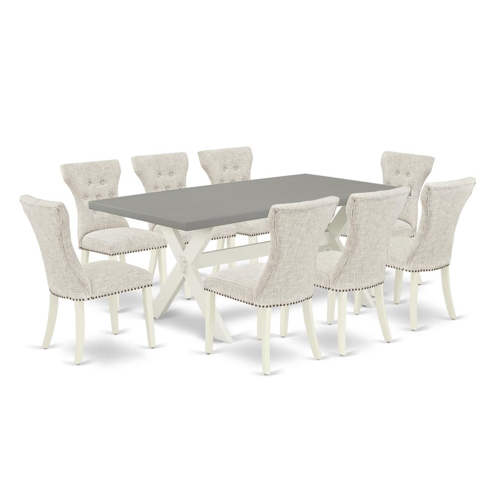 East West Furniture 9-Piece Dining Room Table Set- 8 Kitchen Parson Chairs with Doeskin Linen Fabric Seat and Button Tufted Chair Back - Rectangular Table Top & Wooden Cross Legs - Cement and Linen Wh. Picture 1