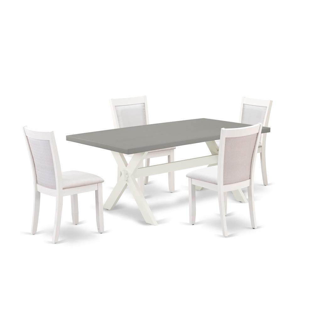 East West Furniture 5-Pc Dining Room Set Consists of a Wooden Table and 4 Cream Linen Fabric Mid Century Dining Chairs with Stylish Back - Wire Brushed Linen White Finish. Picture 1