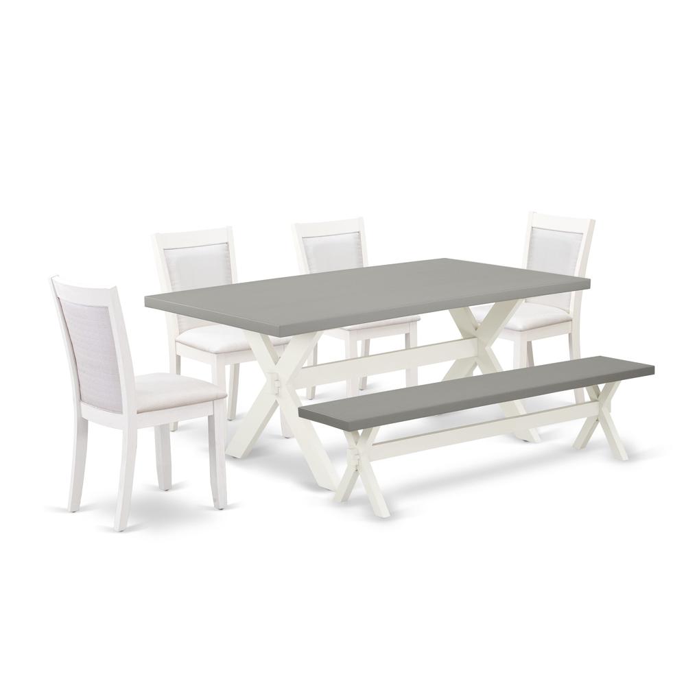 East West Furniture 6-Pc Dining Room Set Consists of a Dinning Table - 4 Cream Linen Fabric Dining Chairs with Stylish Back and a Small Bench - Wire Brushed Linen White Finish. Picture 1