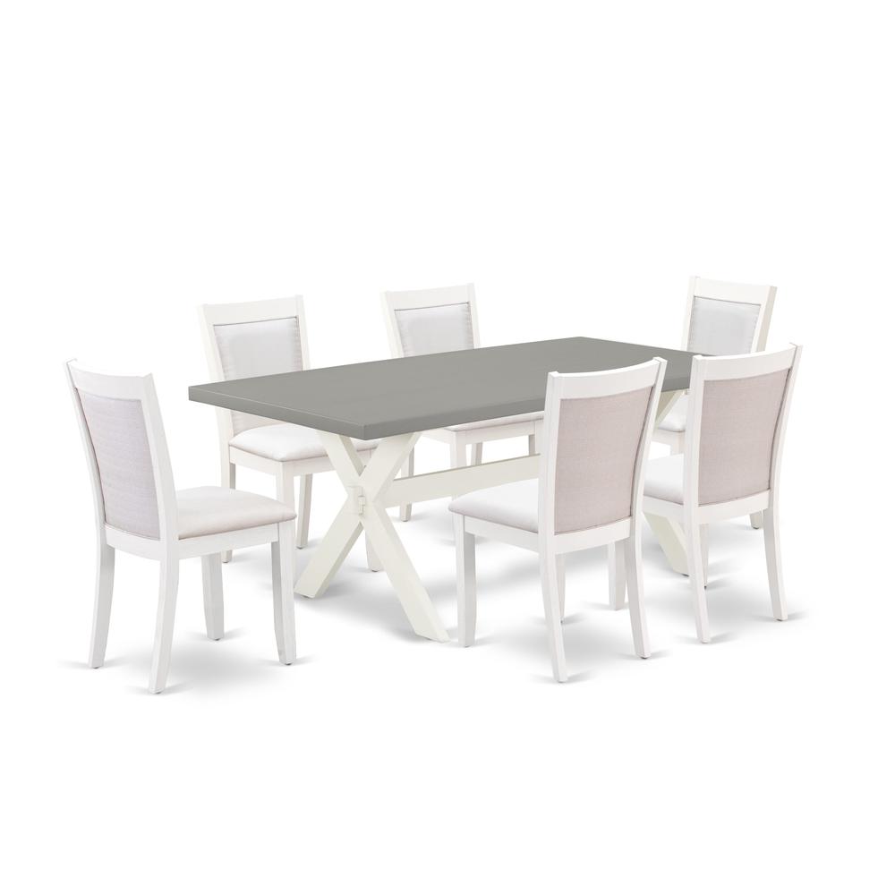 East West Furniture 7-Pc Modern Dining Set Consists of a Dining Room Table and 6 Cream Linen Fabric Upholstered Chairs with Stylish Back - Wire Brushed Linen White Finish. Picture 1