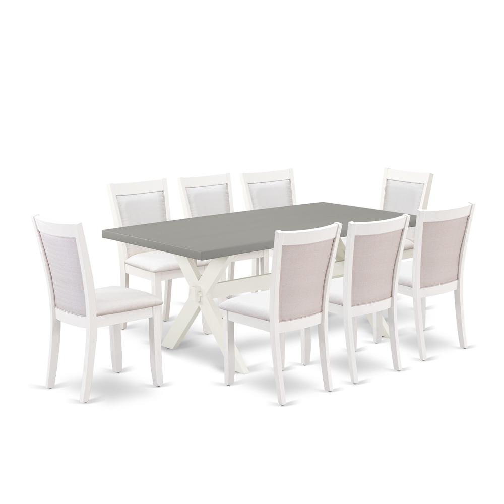East West Furniture 9-Pc Dinner Table Set Consists of a Dining Room Table and 8 Cream Linen Fabric Dining Room Chairs with Stylish Back - Wire Brushed Linen White Finish. Picture 1