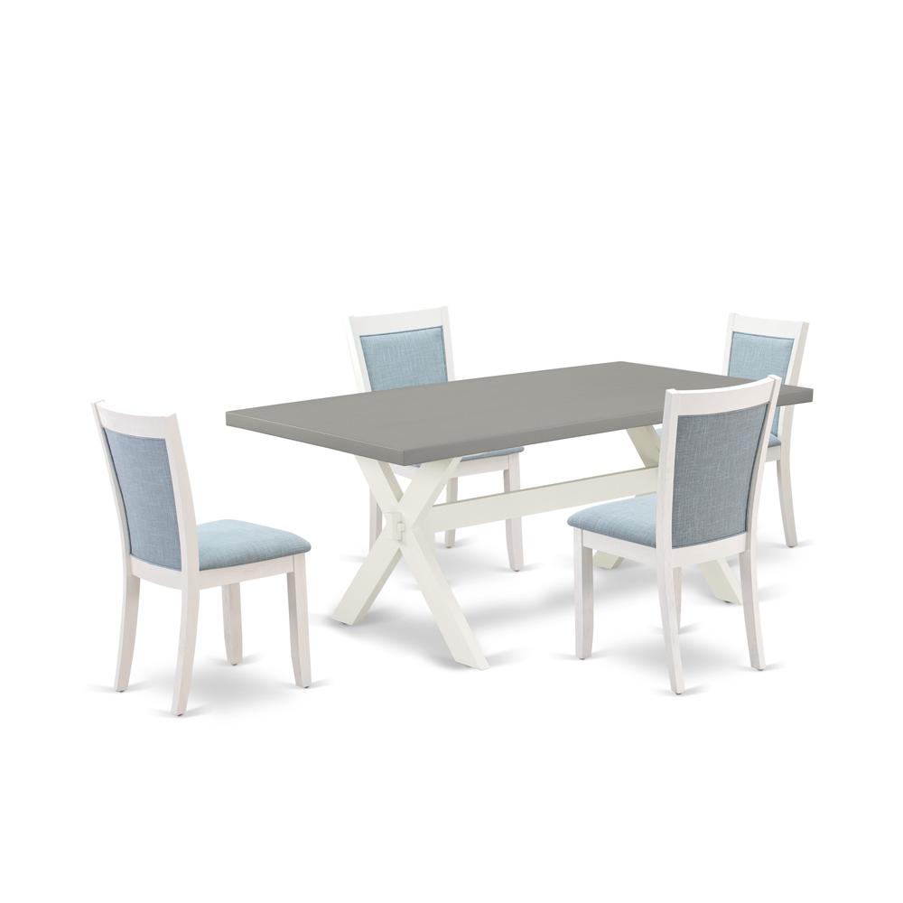 East West Furniture 5-Pc Modern Dining Table Set Consists of a Wooden Kitchen Table and 4 Baby Blue Linen Fabric Parson Dining Chairs with Stylish Back - Wire Brushed Linen White Finish. Picture 1