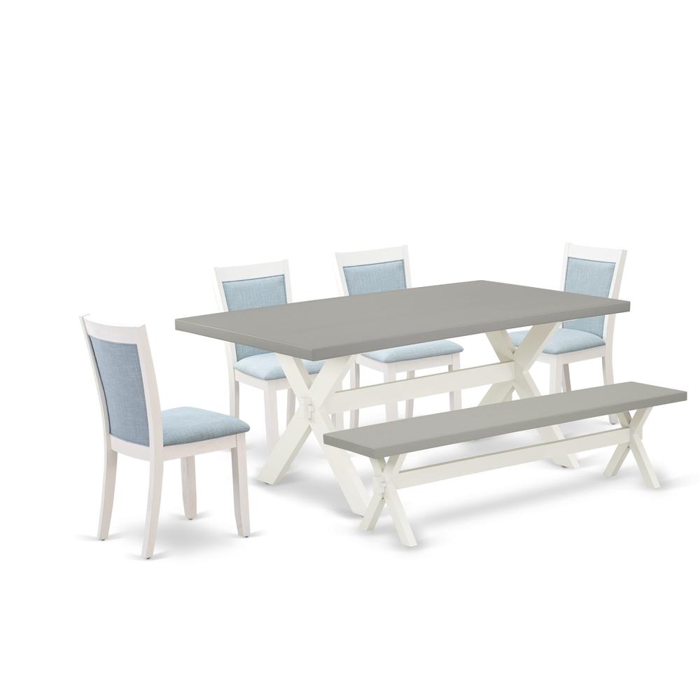 East West Furniture 6-Pc Dining Table set Consists of a Modern Dining Table - 4 Baby Blue Linen Fabric Dinner Chairs with Stylish Back and a Wooden Bench - Wire Brushed Linen White Finish. Picture 1