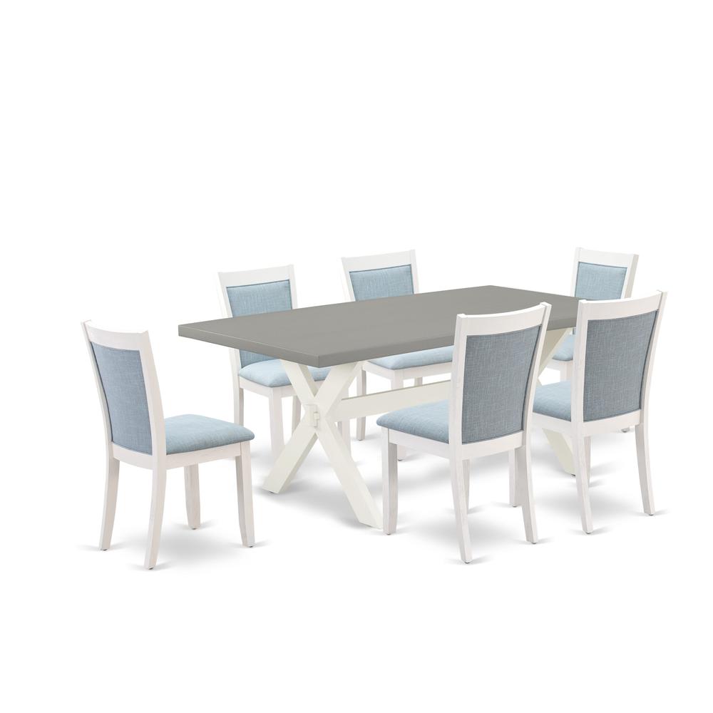 East West Furniture 7-Pc Table Set Consists of a Mid Century Table and 6 Baby Blue Linen Fabric Upholstered Chairs with Stylish Back - Wire Brushed Linen White Finish. Picture 1