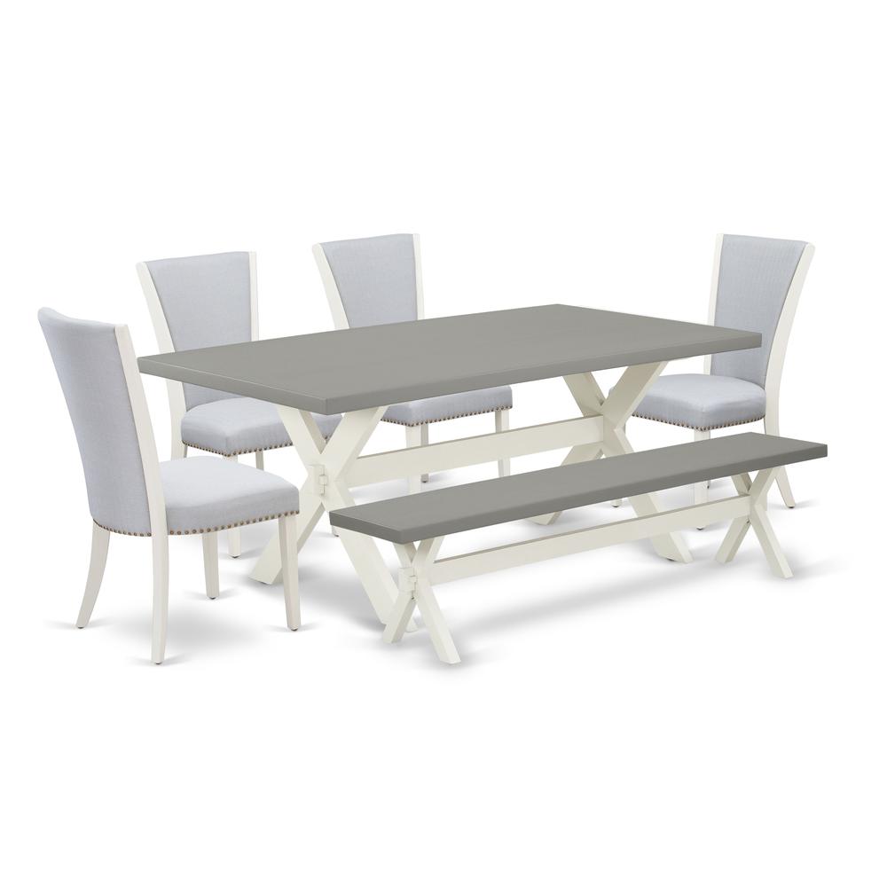 East West Furniture X097VE005-6 6 Piece Dinette Set - Cement Dining Room Table, 1 Dining Room Bench and 4 Grey Linen Fabric Upholstered Dining Chair with Nailheads - Wirebrushed Linen White Finish. Picture 1