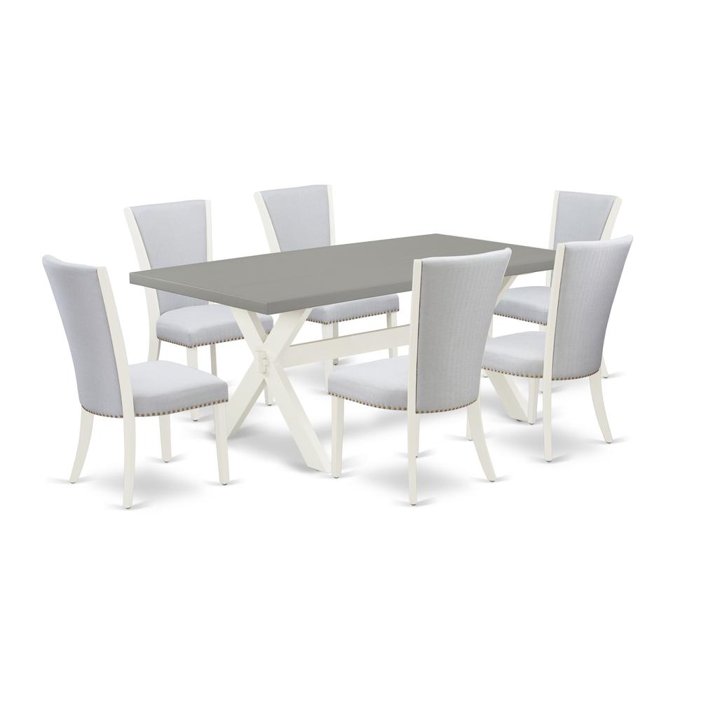 East West Furniture 7-Pc Dining Room Set Includes 6 Upholstered Dining Chairs with Upholstered Seat and Stylish Back-Rectangular Kitchen Table - Cement and Wirebrushed Linen White Finish. Picture 1