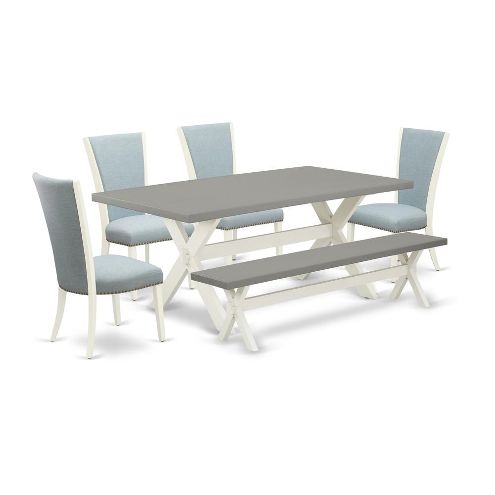 East West Furniture X097VE215-6 6 Piece Dining Set - 4 Baby Blue Linen Fabric Dining Chair with Nailheads and Cement Dining Table - 1 Wooden Bench - Linen White Finish. Picture 1