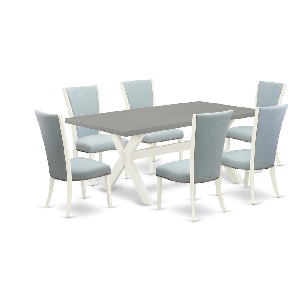 East West Furniture X097VE215-7 7 Piece Dining Table Set - 6 Baby Blue Linen Fabric Dining Room Chairs with Nail Heads and Cement Dinner Table - Linen White Finish. Picture 1
