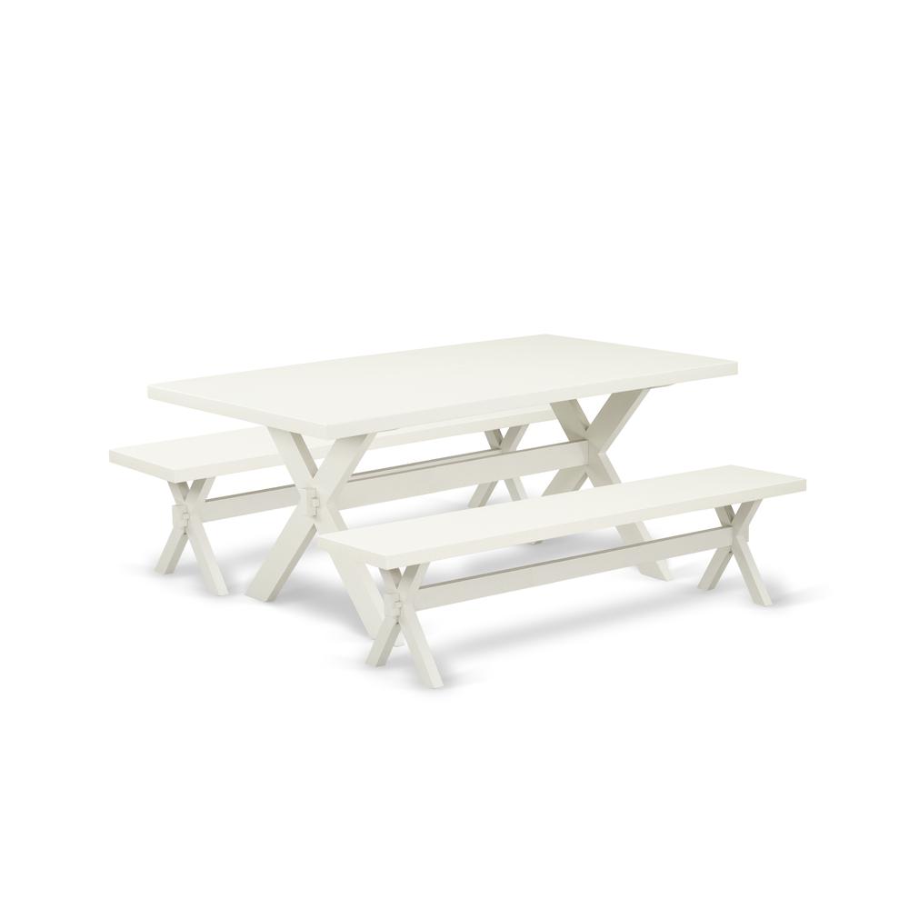 East West Furniture X2-027 3 Piece Dinette Set - 1 Linen White Dining Room Table and 2 Dining Table Bench - Reliable and Sturdy Construction - Linen White Finish. Picture 1