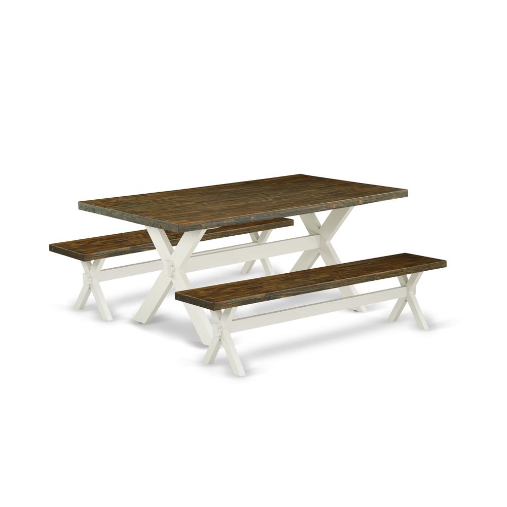 East West Furniture X2-077 3 Piece Modern Dining Table Set - 1 Distressed Jacobean Dinning Table and 2 Dining Bench - Reliable and Sturdy Constructed - Linen White Finish. Picture 1
