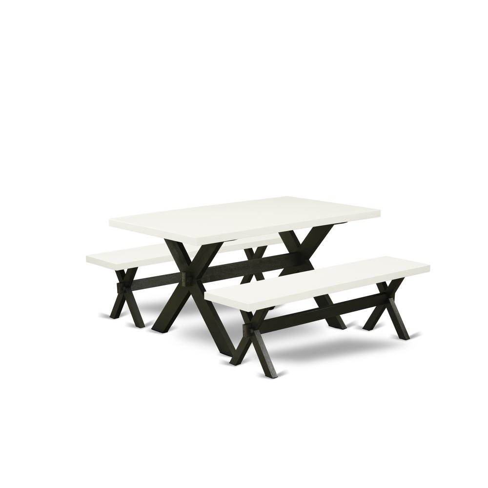 East West Furniture X2-626 3 Piece Kitchen Set - 1 Linen White Dining Room Table and 2 Modern Benches - Stable and Sturdy Constructed - Wire Brushed Black Finish. Picture 1