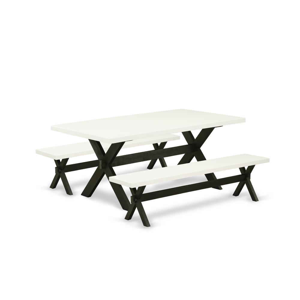 East West Furniture X2-627 3 Piece Kitchen Dining Table Set - 1 Linen White Breakfast Table and 2 Small Wood Benches - Stable and Sturdy Construction - Wire Brushed Black Finish. Picture 1