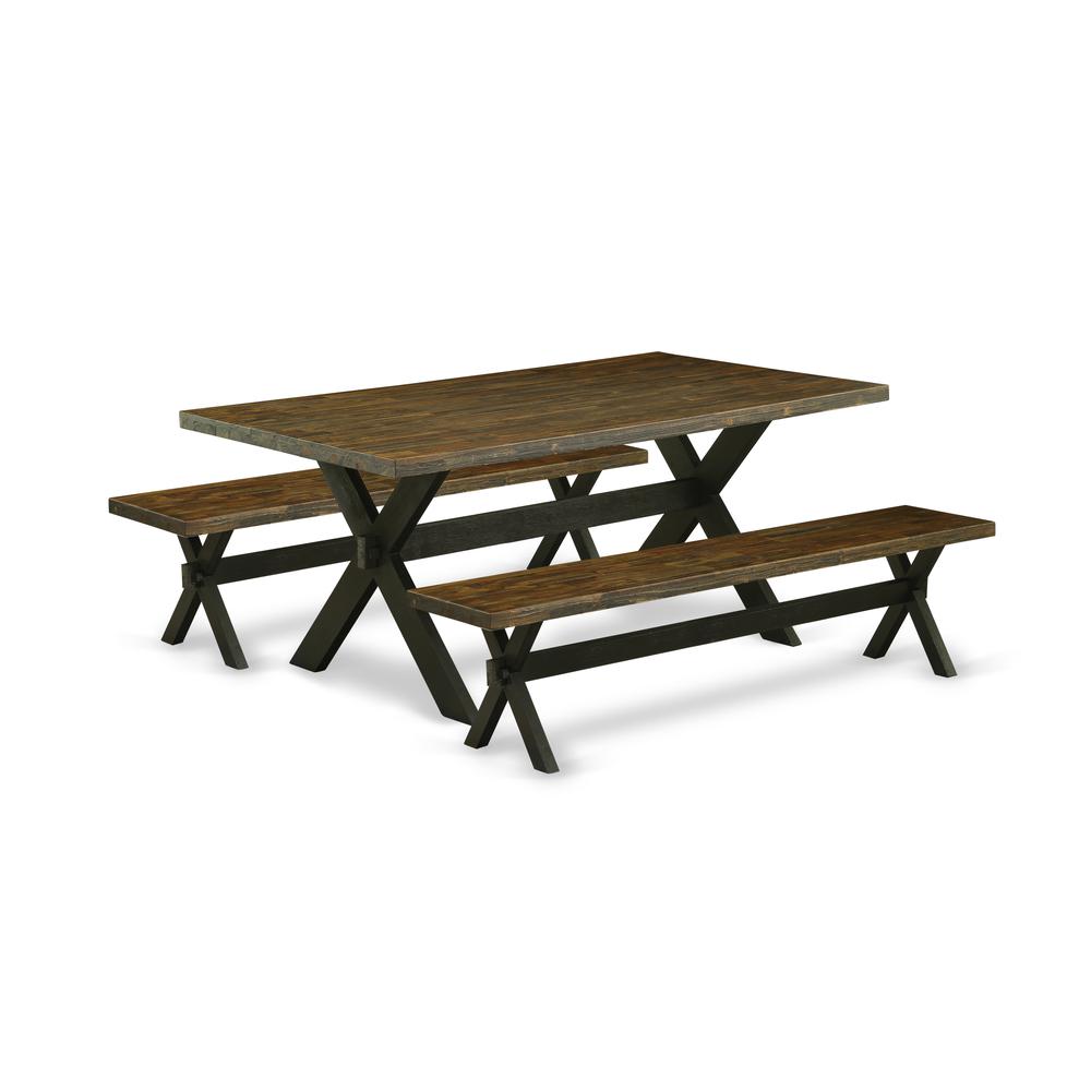 East West Furniture X2-677 3 Pc Dining Room Set - 1 Distressed Jacobean Small Kitchen Table and 2 Small Wooden Benches - Reliable and Sturdy Constructed - Wire Brushed Black Finish. Picture 1