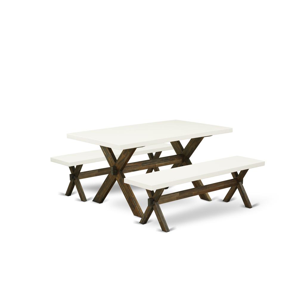 East West Furniture X2-726 3 Piece Dining Room Table Set - 1 Linen White Small Kitchen Table and 2 Small Wooden Benches - Distressed Jacobean Finish. Picture 1
