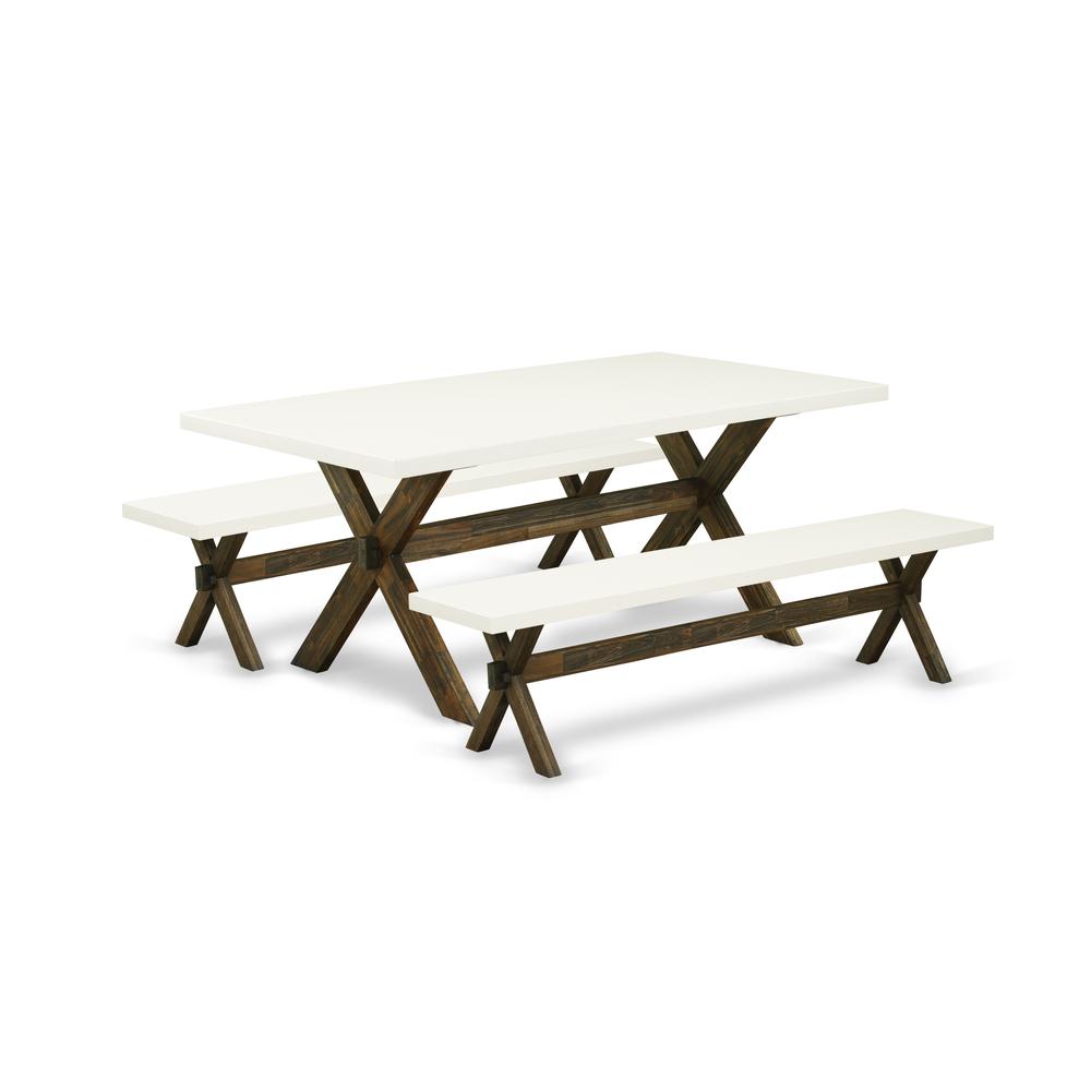 East West Furniture X2-727 3 Piece Modern Dining Table Set - 1 Linen White Dinning Table and 2 Dining Room Bench - Stable and Sturdy Construction - Distressed Jacobean Finish. Picture 1