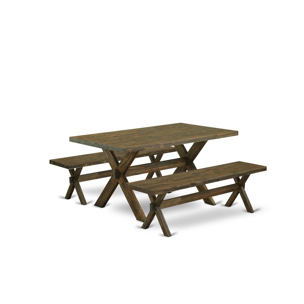 East West Furniture X2-776 3 Piece Kitchen Table Set - 1 Distressed Jacobean Dining Room Table and 2 Dining Bench - Reliable and Sturdy Constructed - Distressed Jacobean Finish. Picture 1
