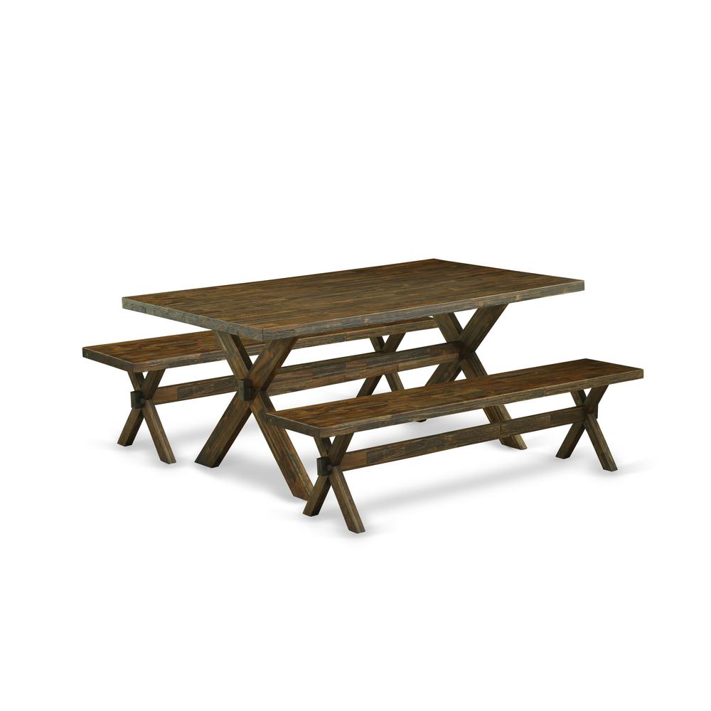 East West Furniture X2-777 3 Piece Dining Room Set - 1 Distressed Jacobean Small Kitchen Table and 2 Dining Bench - Reliable and Sturdy Constructed - Distressed Jacobean Finish. Picture 1