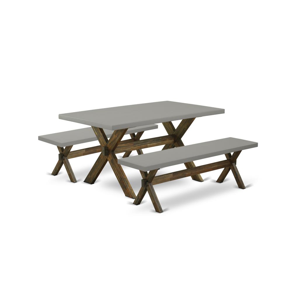 East West Furniture X2-796 3 Piece Small Dining Table Set for 4 - 1 Cement Dining Room Table and 2 Table Bench - Stable and Sturdy Construction - Distressed Jacobean Finish. Picture 1
