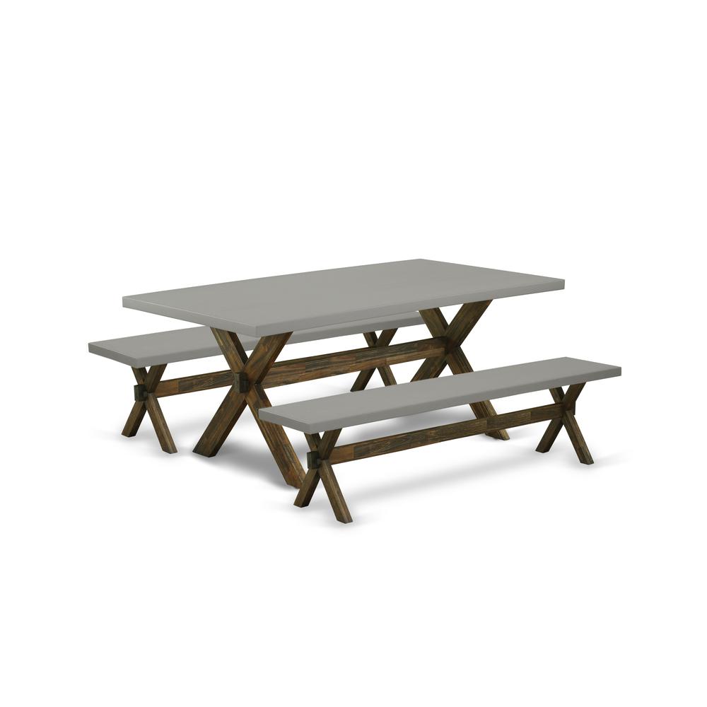 East West Furniture X2-797 3 Piece Kitchen Set - 1 Cement Dining Room Table and 2 Wood Bench - Stable and Sturdy Constructed - Distressed Jacobean Finish. Picture 1