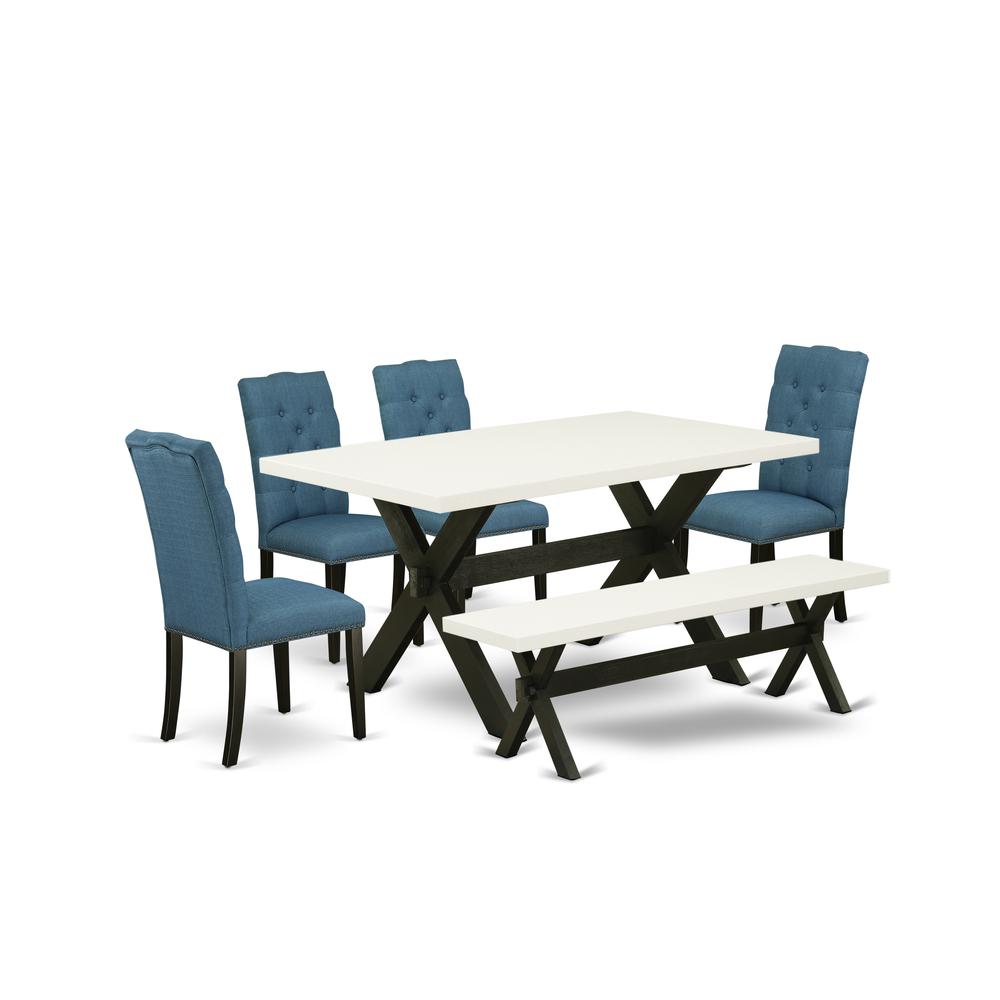 East West Furniture X626EL121-6 6-Piece Gorgeous Dinette Set a Superb Linen White Color dining table Top and Linen White Color Kitchen Bench and 4 Stunning Linen Fabric Dining Chairs with Nail Heads a. Picture 1