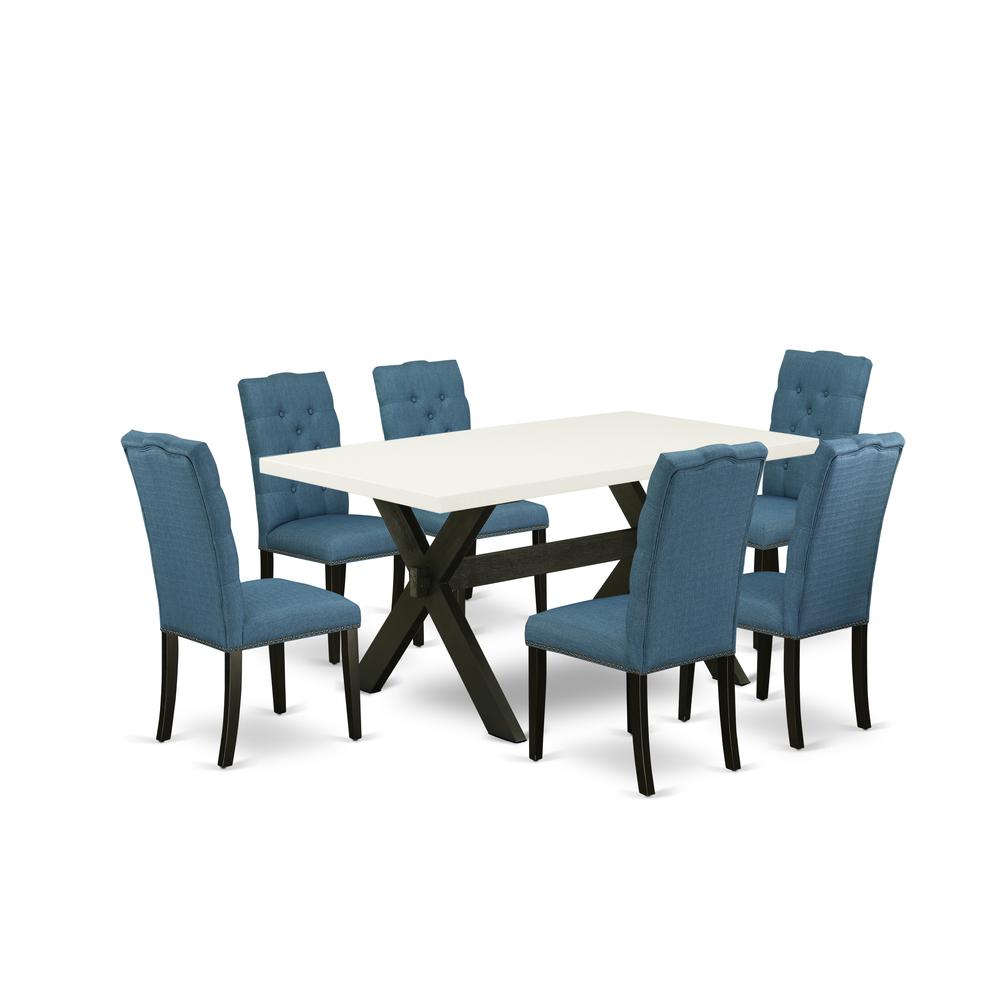 East West Furniture X626EL121-7 7-Piece Stylish Dining Room Table Set an Outstanding Linen White rectangular Table Top and 6 Beautiful Linen Fabric Parson Chairs with Nail Heads and Button Tufted Chai. Picture 1